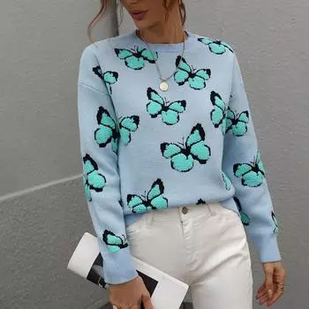 Women s And Winter Butterflies Print Round Neck Long Sleeve Knit Sweater Pullover Sweater XL