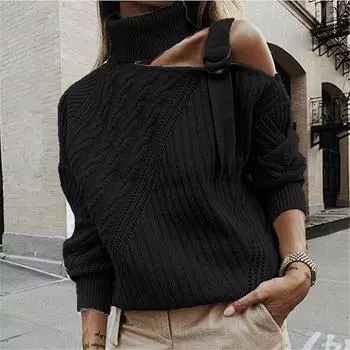Women s And Winter Casual Loose Solid Color Stitching Long-sleeved Stand Collar One Side Strapless Knit Sweater Top L