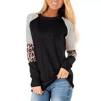 Women s And Winter Fashion Leopard Print Striped Round Neck Long Sleeve Top XXXXL