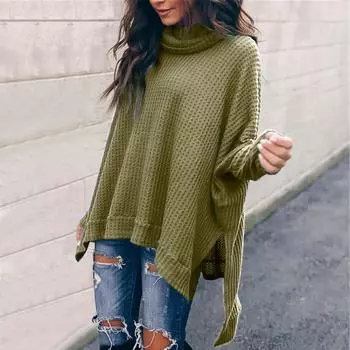 Women s And Winter Loose Solid Color Irregular Hem Stitching Long-sleeved Pile Collar Knit Sweater Top XL