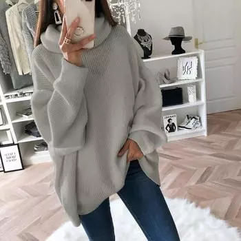 Women s And Winter Loose Solid Color Stitching Long-sleeved Turtleneck Knit Sweater Top XXXL