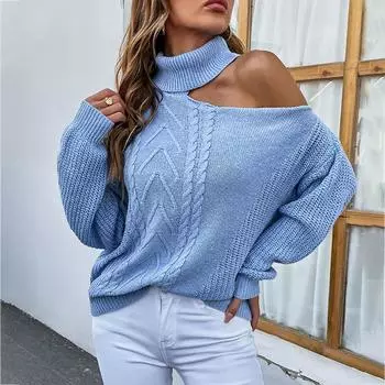 Women s And Winter Sexy Lapel Leaky Shoulder Solid Color Pullover Knit Sweater S