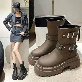 Women s Ankle Boots Autumn Work Fashion Elegant Punk 2024 New Black Luxury Low Heel Round Toe Leather Platform Short Boots 35 чёрный
