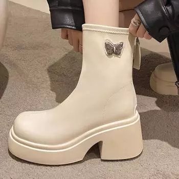 Женские ботильоны Butterfly Knot Leather 2024 Новые зимние ботинки для женщин Нескользящие однотонные женские ботинки в британском стиле 34 бежевый