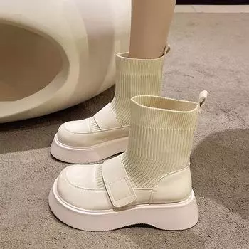 Women s Ankle Boots Chunky Lolita Footwear Platform Short Shoes for Woman Mary Janes Booties Elastic Sock New In Winter 2024 Y2k 35