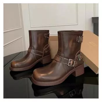 Women s Ankle Boots High Quality Style Vintage Boot Barrel Western Boots for Women Black Belt Straps Boot Shoes Botines Mujer 35 чёрный