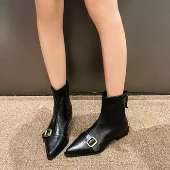 Women s Ankle Boots Leather Wear Resistant 2024 Winter Boots for Ladies Non-Slip Square Heel Outdoors Pointed Toe Women Booties 35 чёрный