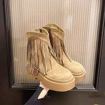 Women s Ankle Boots Tassels Side Zipper Outdoors Wear Resistant 2024 Autumn Winter Casual Comfortable Square Heel Female Boots 35 чёрный