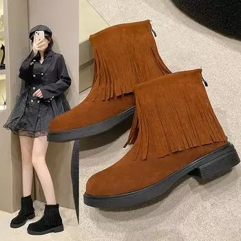 Women s Ankle Boots Thick Soled Thick Heel Short Booties Woman Autumn Winter Fashion Casual Back Zip Tassel Boots Plus Size 43 36 чёрный