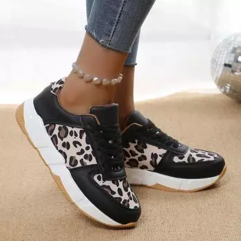 Women s Ankle Shoes 2024 Spring Fashion Casual Leopard Shoes for Women Platform Ladies s Sneakers Low Top Lace Up Tenis Feminino 36 чёрный