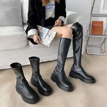 Women s Ankle Shoes Mid Calf High Long Boots Platform Non Slip PU Leather Soft New Ladies Fashion Spring Autumn Fur Black Female 35