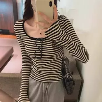 Women s Autumn 2024 Contrast Square Collar Striped Long-Sleeve Slim-Fit T-Shirt Medium чёрный/серый