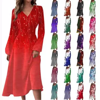 Женское осенне-зимнее повседневное модное длинное платье с v-образным вырезом и длинным рукавом с цветочным принтом L циан