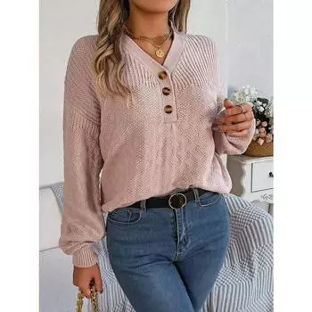 Женский осенне-зимний повседневный свободный свитер с V-образным вырезом и рукавами-фонариками на пуговицах S белый