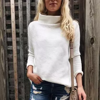 Женский осенне-зимний повседневный однотонный трикотажный свитер с длинным рукавом и высоким воротом S белый