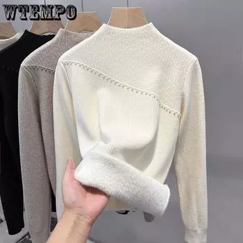 Women s Autumn and Winter Casual Thick and Warm Pullover Sweater with Added Velvet Knit, Paired with A One-piece Velvet Semi High Neck Sweater S