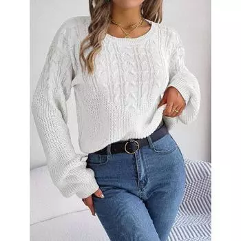 Женский свитер-пуловер с рукавами-фонариками в стиле пэчворк на каждый день на осень и зиму S хаки