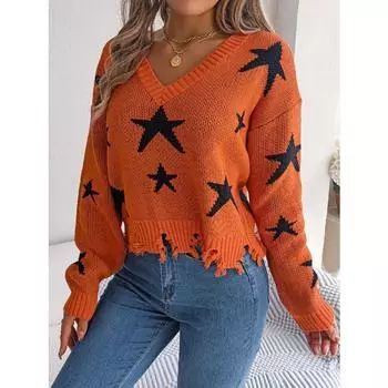Женский осенне-зимний повседневный трикотажный свитер с V-образным вырезом и длинными рукавами S оранжевый