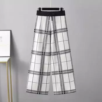 Women s Autumn And Winter Checkered Wide Leg Pants High Waisted Straight Leg Pants Loose And Thick One Size белый
