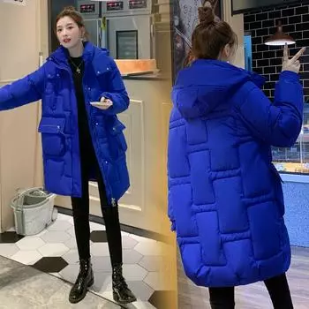 Women s Autumn And Winter Down Jacket Medium Length Hooded Coat Solid Color Loose Cotton-padded Clothes M