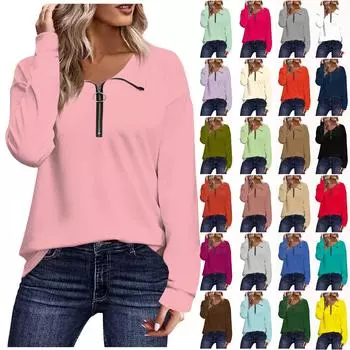 Женская осенне-зимняя модная повседневная однотонная футболка с длинными рукавами и застежкой-молнией с лацканами, топ L чёрный