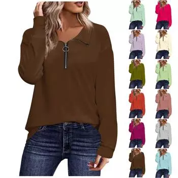 Женская осенне-зимняя модная повседневная однотонная футболка с длинными рукавами и застежкой-молнией с лацканами, топ XL