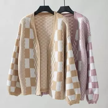 Женская мода осень-зима повседневный трикотаж свободный V-образный вырез клетчатый кардиган цветные блоки свитер S розовый