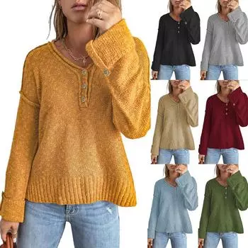 Women s autumn and winter long-sleeved V-neck buttoned loose knitted off-shoulder sweater L армия зеленый