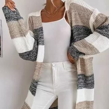 Женский осенне-зимний свободный полосатый кардиган контрастного цвета с длинными рукавами, вязаный свитер S чёрный