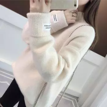 Women s Autumn and Winter Mink Fleece Knitted Sweater Fashion Loose Knitted Half-turtleneck Blouse One size
