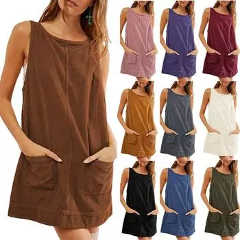 Women s Autumn and Winter New Casual Corduroy Sleeveless Vest Dress S коричневый