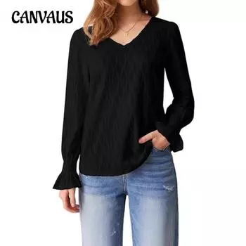 Women s Autumn and Winter New Fashion Solid Colour V-Neck Long Sleeve Range T-Shirt Top S чёрный