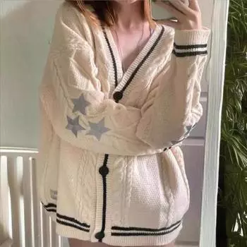 Women s Autumn and Winter New Knitted Embroidered Cardigan Temperament Age Reduction Loose Casual Sweater S