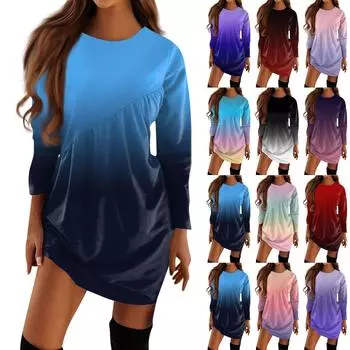 Женские осенне-зимние новые однотонные платья-футболки с длинным рукавом и круглым вырезом с асимметричной складкой XL фиолетовый