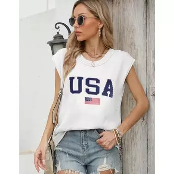 Женский осенне-зимний свитер без рукавов с круглым вырезом и вышивкой S белый