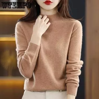 Women s Autumn and Winter Semi High Neck Sweater Short Thick Base Knit Sweater Loose Solid Color Casual Pullover Knit Sweater S чёрный