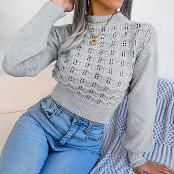 Женский осенне-зимний однотонный полосатый укороченный вязаный свитер с рукавами-фонариками S синий