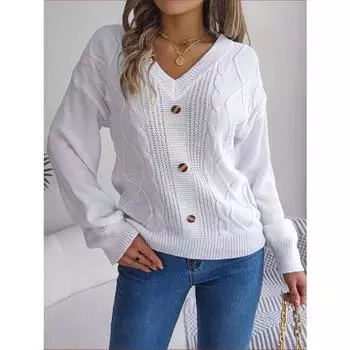 Женский осенне-зимний однотонный свитер с V-образным вырезом, застежкой на пуговицы и рукавами-фонариками S хаки