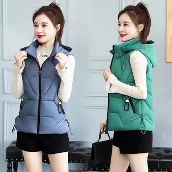Women s Autumn and Winter Solid Color Short Vest Standing Collar Slim Hooded Jacket 3XL