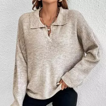 Женский однотонный повседневный трикотажный свободный свитер с воротником-поло и длинными рукавами на осень и зиму S хаки