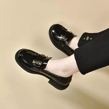 Women s autumn and winter square buckle black small leather shoes, college style shallow mouth single shoes, cowhide flats 34