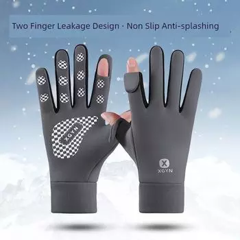 Women s Autumn and Winter Thick Fleece Couple Wind and Cold Proof Gloves Men sports double-sided Waterproof X Gray One size