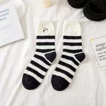 Women s Autumn and Winter Thickened Plush Panda Striped Warm Sleeping Floor Home Tube Socks 1 pair