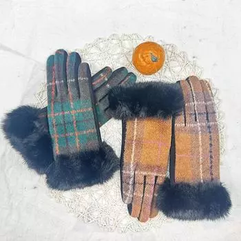 Women S Autumn Classic Plaid Touch Screen Gloves Wool Thickened And Fleece Imitation Rabbit Hair Mouth Warm Gloves