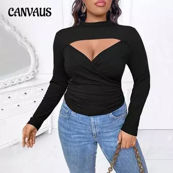 Women s Autumn Deep V Neck Sexy New Wrinkly Slimming Inside Long Sleeved Top 1XL чёрный