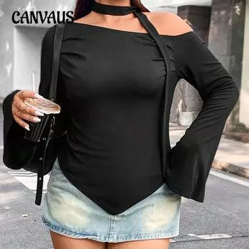 Women s Autumn Design Sense Irregular Slim Off The Shoulder Long Sleeve Short Top 1XL чёрный