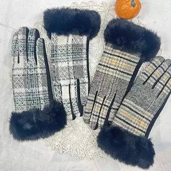Women S Autumn Fashion Plaid Hair Touch Screen Gloves Fleece Thickened Warm Gloves Cold And Windproof Riding