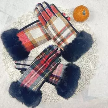 Women S Autumn Fashion Plaid Touch Screen Gloves Fleece Thickened Fleece Warm Gloves