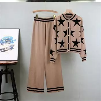 Women s Autumn Fashion Round Neck Knitted Cardigan Set Wide Leg Pants Sports Two Piece Set One Size хаки