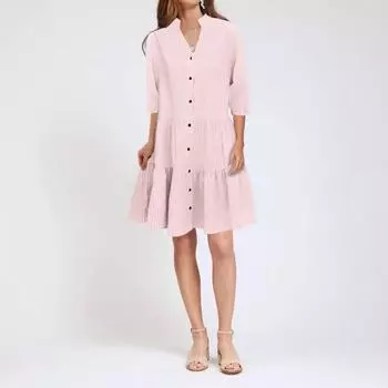 Women s Autumn Five-quarter Sleeve Plaid Stand-up Collar Shirt Style Dresses S синий